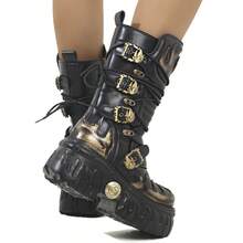 European And American Dark Punk Flame Thick Sole Boots Women Gothic Style Metal Tank Sole Platform Mid-Calf Motorcycle Boots - Black Gold - View 3
