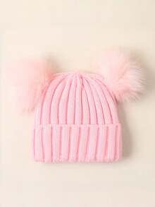 1pc Solid Color Double Pom-Pom Design Children's Knitted Hat, Autumn/Winter Woolen Beanie - 1PC - View 4