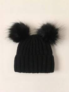 1pc Solid Color Double Pom-Pom Design Children's Knitted Hat, Autumn/Winter Woolen Beanie - 1PC - View 5