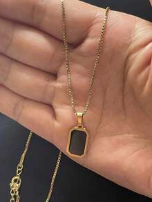 Gold Stainless Steel Black Rectangle Pendant Necklace For Women, Minimalist Tag Charm Box Chain, Waterproof Everyday Jewelry Christmas Gift For Her - Gold - View 4