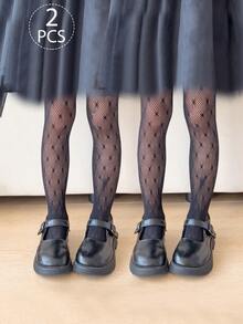 2件裝女童兒童幼兒網襪褲襪，黑色白色純色，卡通圓點圖案，提花薄款高彈力舞蹈褲，適合日常、學校、可愛風格，春夏四季皆宜，適合學生日常聚會穿搭，可搭配裙子、短褲、小皮鞋，開學季新學期校園教室穿搭 - 彩色 - 查看 13