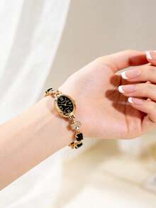 1 Pc Women's Jewelry Oval Dial Quartz Watch Gold Alloy Design Sense Watch Retro Temperament Light Luxury Gift Women's Watch - Black - View 6