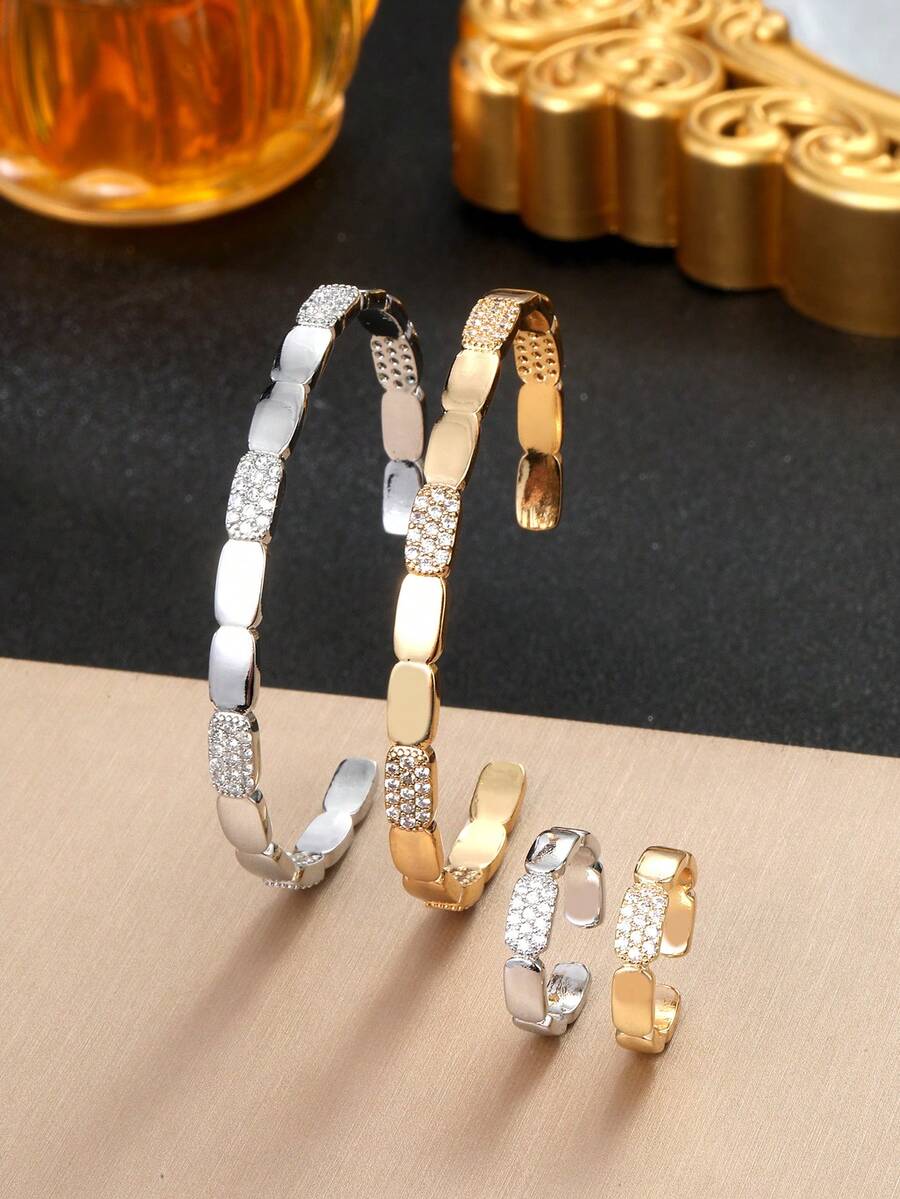 Set Gelang dan Cincin Wanita Motif Sarang Lebah dengan Batu Zirkonia Kubik, Pilihan Warna Emas/Perak, Cocok untuk Pernikahan dan Pesta.