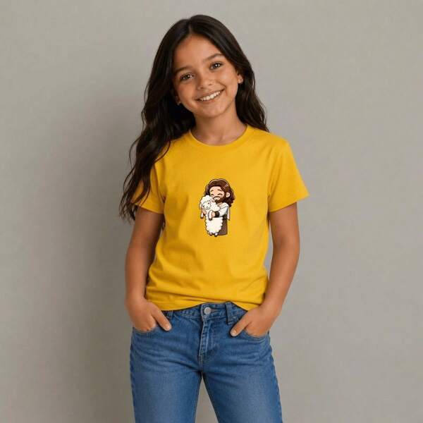 Camiseta Infantil Manga Curta Menina Estampada Jesus Elegantes Colorido Confortável 100% Algodão Leve Gola Redonda Estilosa