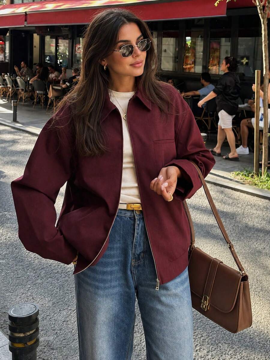 Women's Loose Fit Zip-Up Long Sleeve Jacket, Burgundy Casual Spring Red - Red - View 1