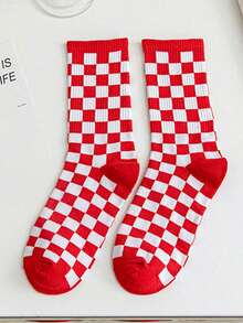 5 Pairs Unisex Plaid Mid-Calf Socks, Random Assortment, Minimalist Fashion Vintage, Soft & Comfortable, Casual Versatile, Suitable For Daily Home Wear, Autumn/Winter Essential - Multicolor - View 4