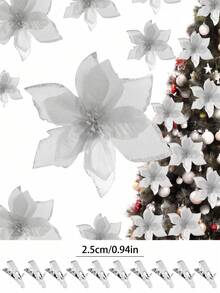 1/10/20/30pcs Shiny Double-Layer Red Poinsettia Artificial Flowers With Clips, 6.7 Inch, Suitable For Christmas Tree, Wreath, Staircase, Fireplace, Window, Coffee Table And Holiday/Wedding Party Decoration, Christmas Gift - Silver - View 3