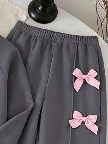 Tween Girl Digital Pattern Print Crew Neck Sweatshirt And Bow Decor Long Pants - Dark Grey - View 4