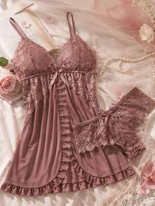2 Sets Spring/Summer Lace Camisole Sleepwear, Bow & Pleated Design, Sexy V-Neck Lingerie Style Loungewear, Suitable For Date Night - Multicolor - View 7