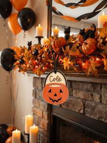 Customized Name Wooden Halloween Pumpkin Bucket Pendant (Pendant Only) - Personalized Children's Halloween Tag, Parenting Bag Charm, No Cushion, Baby Gift, Autumn Halloween Wooden Pumpkin Decor, With Rope, Pumpkin, Skull, Ghost, And Farmhouse Style Multi-Layer Hanging Decoration, Suitable For Autumn, Party Decoration - Multicolor - View 5