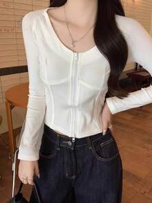 Fashion Y2K Slim Fit Street Style Women's Long Sleeve Top, Spring/Autumn, Retro Casual, Pure White, Short Cropped Tight Fit Large Scoop Neck Double Front Zipper Body-Contouring Split Seam Design - White - View 8