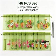 24/48pcs Olive Green Semi-Transparent Organza Gift Bags, Tropical Flamingo Toucan Pineapple Print Lightweight Visible Drawstring Bags, Smooth Cord Lock Design, Multi-Purpose Favor Bags For Wedding, Birthday, Hawaiian Party - 6 Mixed Styles - Green - View 9