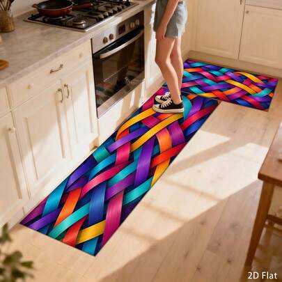 2D Flat 2/3pcs Kitchen Runner Rug Set, Rainbow Ribbon Texture, Home Decor Hallway Runner Bedside Mat, Suitable For Room, Laundry, Balcony, Bathroom Door Absorbent Non-Slip Foot Mat, Bedroom Entrance Floor Mat