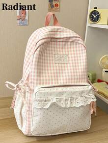 Mochila de gran capacidad con decoración de estrella en bloques de color, adecuada para viajes, compras, vacaciones, estilo japonés, temporada de regreso a la escuela (color de cuentas aleatorio) - Rosa - Ver 2