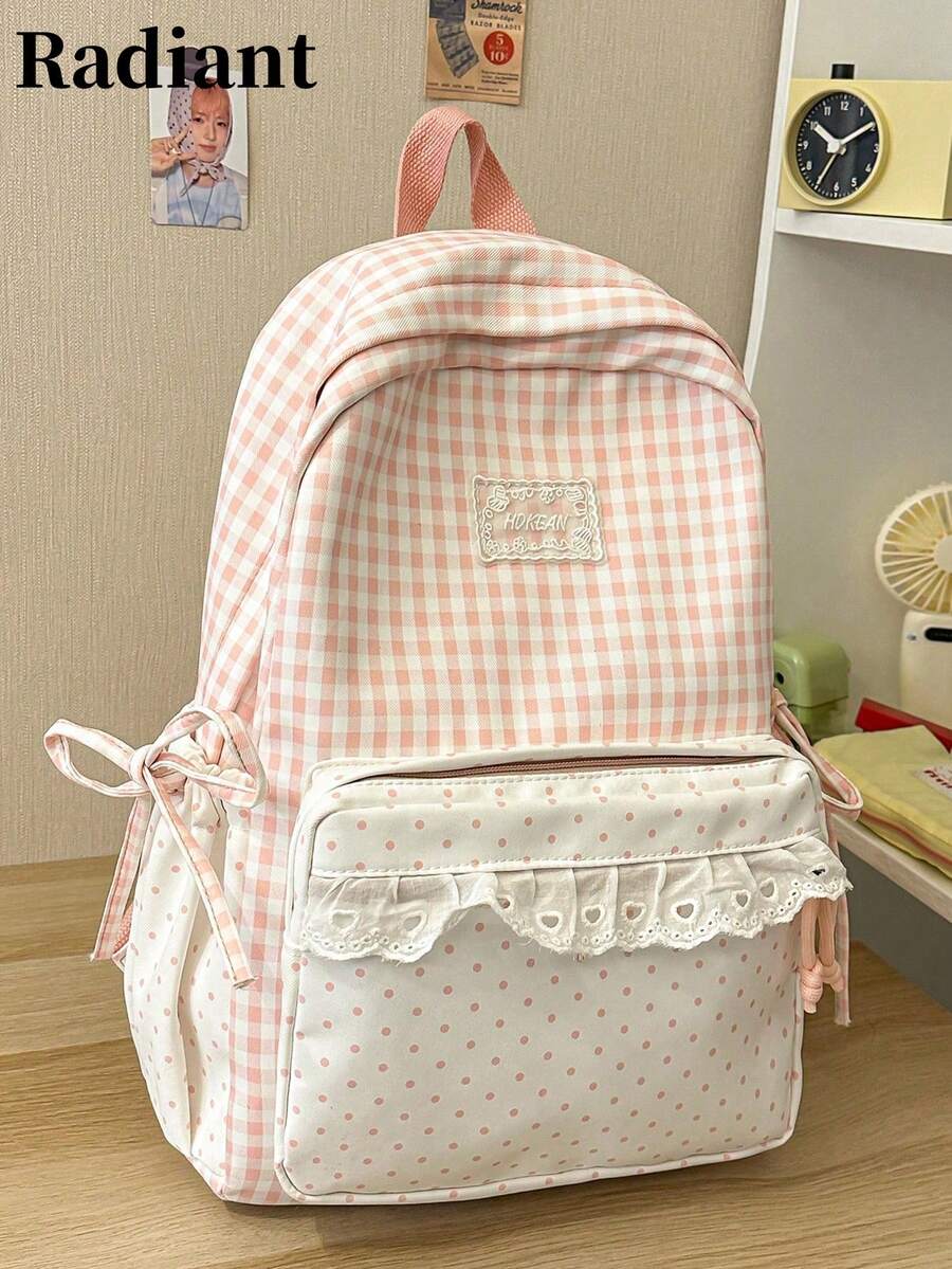 Mochila de gran capacidad con decoración de estrella en bloques de color, adecuada para viajes, compras, vacaciones, estilo japonés, temporada de regreso a la escuela (color de cuentas aleatorio)