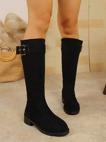 New Vintage Suede Leather Belt Buckle Knee-High Chunky Heel Round Toe Riding Boots For Women - Black - View 3