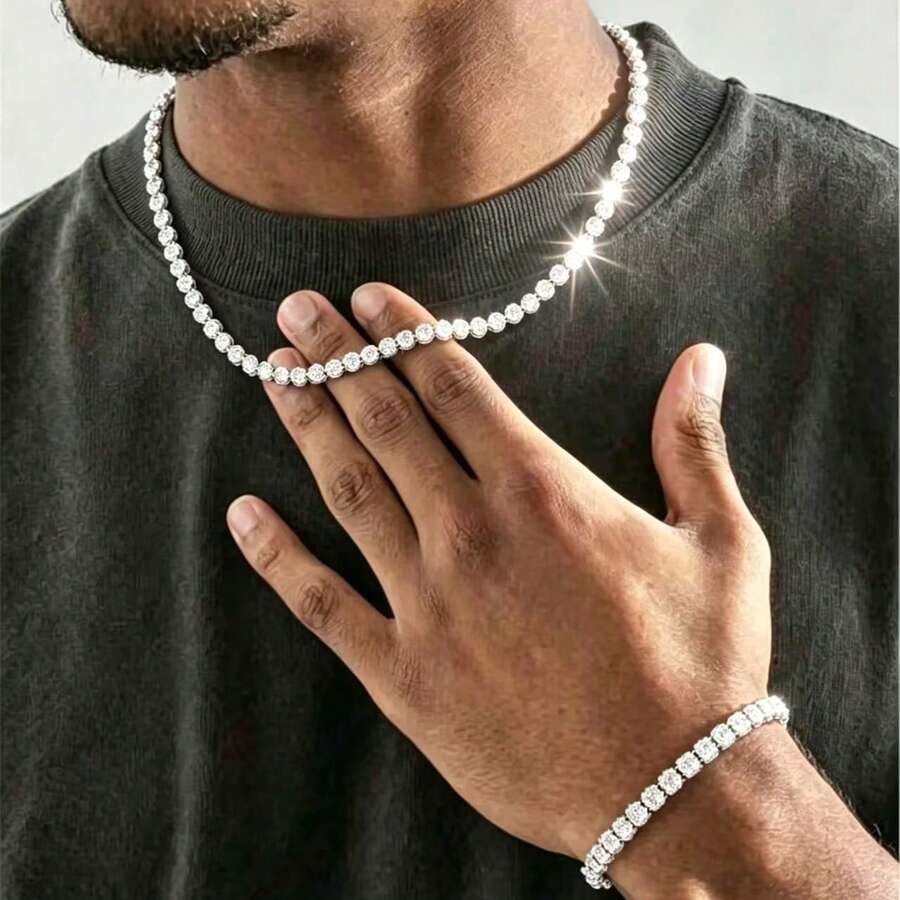 2pcs Cubic Zirconia Jewelry Set, Tennis Zirconia Chain Necklace And Bracelet Combo, Fashion Hip Hop Style Gift - Necklace + Bracelet - View 1