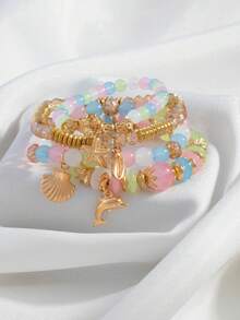 4pcs Ocean Style Cartoon Faux Shell Beaded Bracelets, Bohemian Woven Dolphin & Starfish Faux Shell Bracelets - Multicolor - View 7