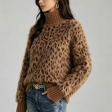 Vintage Leopard Print Jacquard High Neck Fuzzy Sweater Women Autumn/Winter Slouchy Soft Knit Pullover - Brown - View 3