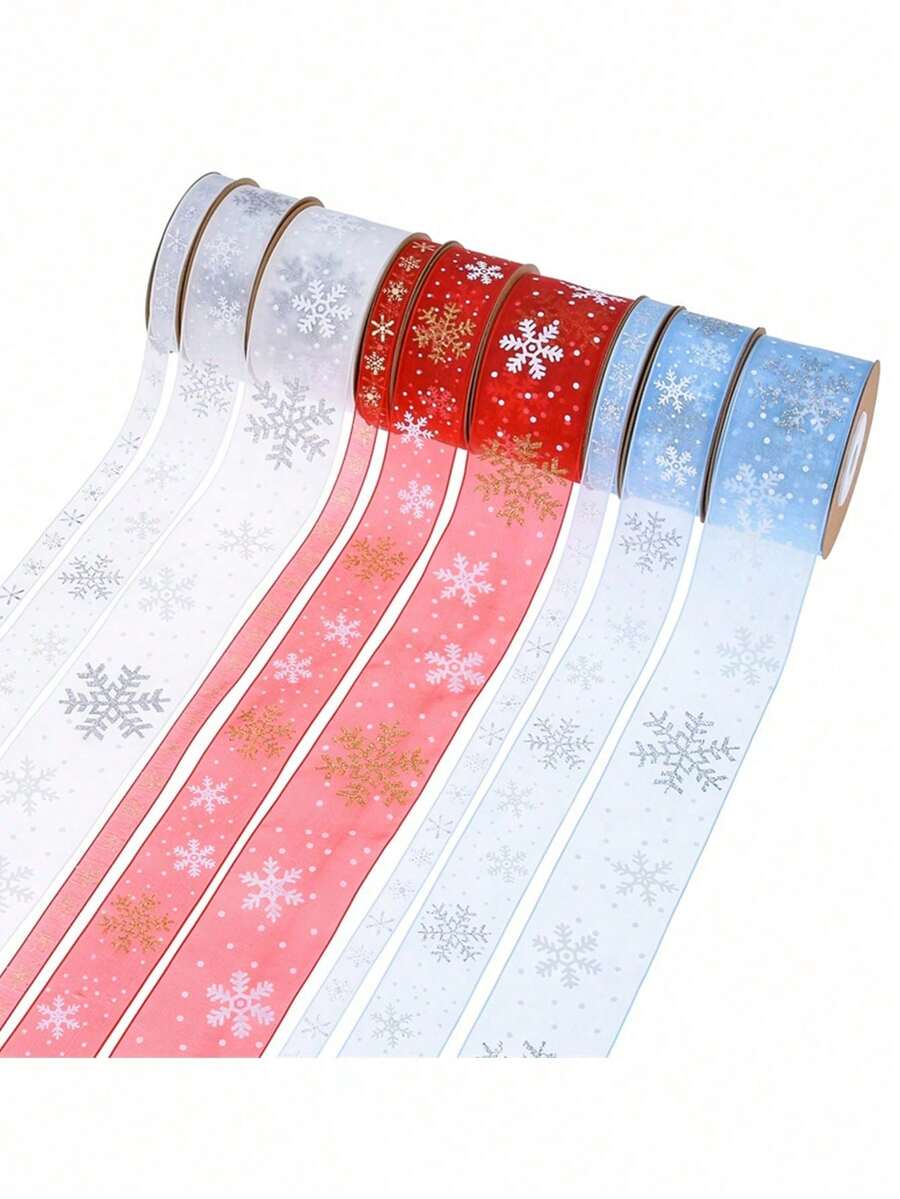 Snowflake Ribbon, Christmas Gift Wrapping Ribbon, Yardage Winter White Satin Ribbon With Silver Snowflake Christmas Wired Ribbon, Christmas Tree Decoration Making Gift Wrapping Winter Holiday Christmas Decor - Multicolor - View 1