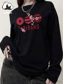 Plus Size Black Loose Fit T-Shirt, Regular Length Knit Round Neck Top, Casual Wear Vacation - Black - View 4
