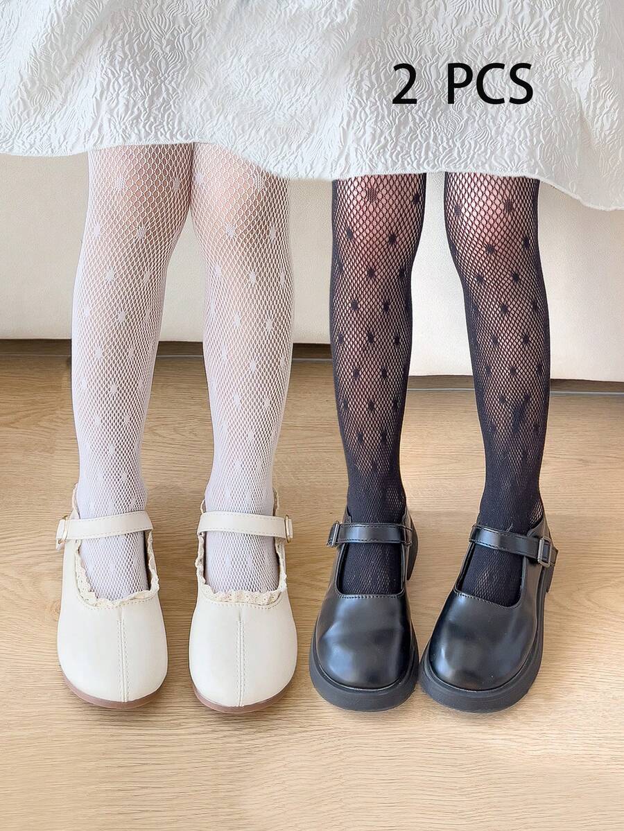 2雙女童幼兒波點提花褲襪,黑白純色,連腳網眼打底褲,春夏四季皆宜,可愛學院風,適合學生日常穿著、派對造型,可搭配裙子、短褲、小皮鞋,開學季新學期教室穿搭 - 彩色 - 查看 1
