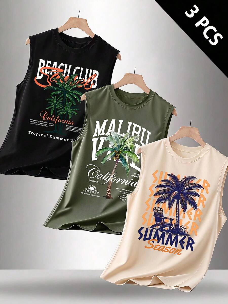 3pcs/Pack Kaos Tanpa Lengan Kasual Leher Bulat Motif Musim Panas Pria - MultiWarna - View 1