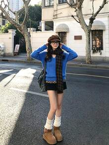Soft Blue Pullover Knit Sweater For Women, Loose Fit Base Layer Inner Sweater, Autumn/Winter, Petite - Blue - View 3