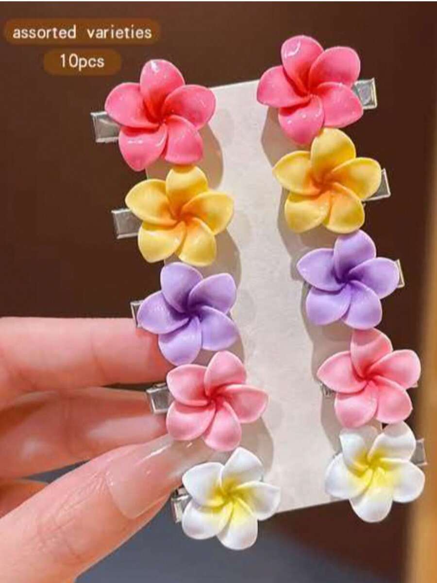 10pcs Colorful Sweet Flower Hair Clips, Affordable Daily Hair Accessories (No Card Packaging) - Multicolor - View 1