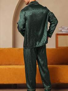 2pcs/Set Men's Silk Satin Leopard Print Long Sleeve Pajama Set, Autumn/Winter Homewear - Dark Green - View 2