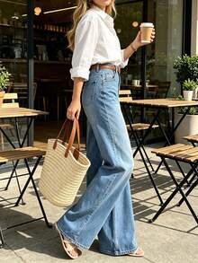 Women's Long Wide Leg Denim Jeans, Medium Stretch, Washed Finish, With Pockets, Suitable For Casual Daily Wear - Medium Wash - View 3