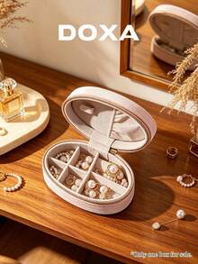 DOXA Pink Velvet Oval Travel Jewelry Box With Compartments And Zipper, Suitable For Rings And Earrings, Empty Box Only - Pink - View 4