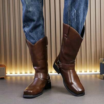 Men's Buckle Western Mid-Calf Riding Boots Brown Men's Boots Vintage Work Boots Outdoor Daily Commute Men's Casual Boots