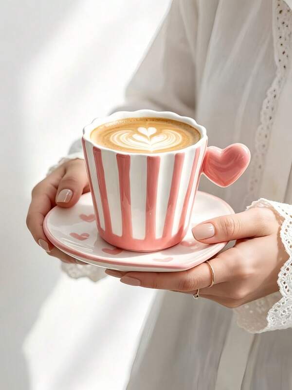 1pc 3D Heart Striped Ceramic Cup And Saucer, Ins Style Fresh Heart Striped Coffee Latte Art Cup And Saucer, Nordic Creative Design Afternoon Tea Dessert Cup And Saucer, Suitable For Restaurant, Living Room, Coffee Shop, Party, Gift