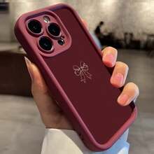 1件極簡蝴蝶結圖案高邊梯形磨砂TPU軟手機殼，適用於Apple 17 16 15 14 13 12 11 Plus Pro Max系列，個性化Ins風保護殼，時尚手機殼，極簡全方位保護，可愛圖案，極簡TPU防摔時尚保護殼，高美感設計，生日禮物，節日禮物 - 酒紅色 - 查看 4