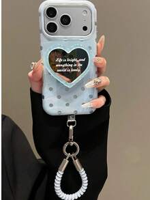 Ins Milk Blue Polka Dot Mirror Heart Phone Case Compatible With Apple 17 Pro Max, 16 New Model, 15, High Quality 15 Pro, Creative 17 Niche, 16 Pro, Korean Style 17 Pro, Shockproof Protective Cover 18 Pro Max - Blue - View 2