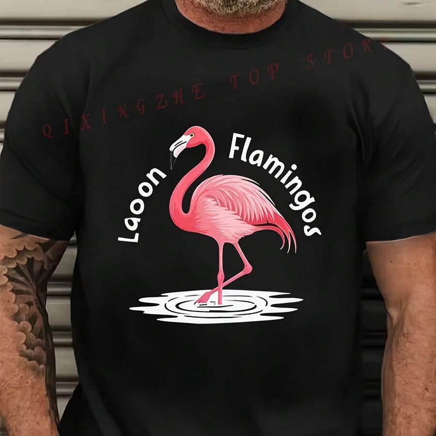 Men's 'Lagoon Flamingos' Graphic T-Shirt, T-Shirt With Pink Flamingo And Circular Wave Print, New Short-Sleeved Round-Neck T-Shirts For Men - Shape - View 1