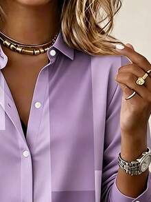 Vintage Casual Geometric Color Block Print Women's Plus Size Long Sleeve Button-Up Shirt - Mauve Purple - View 3