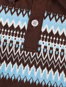 1pc Tween Boys Casual Fashion Retro Patchwork Fair Isle Print Long Sleeve Polo Sweatshirt, Spring/Autumn - Brown - View 4