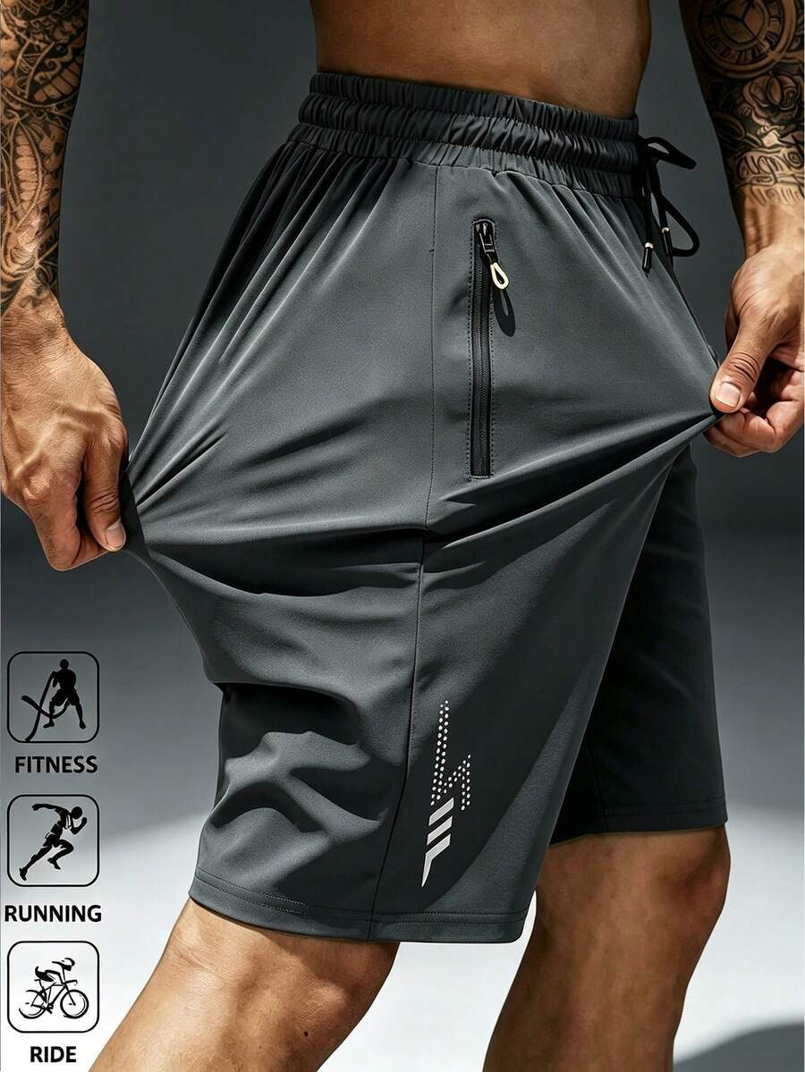 Men's Quick-Dry Breathable Sports Shorts, Comfortable Elastic Drawstring Waist, Zipper Pockets, Lightweight High-Performance Athletic Shorts Summer - Grey - View 1