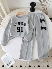 Tween Girl Letter & Number Print Crew Neck Sweatshirt And Bow Decor Long Pants - Grey - View 1