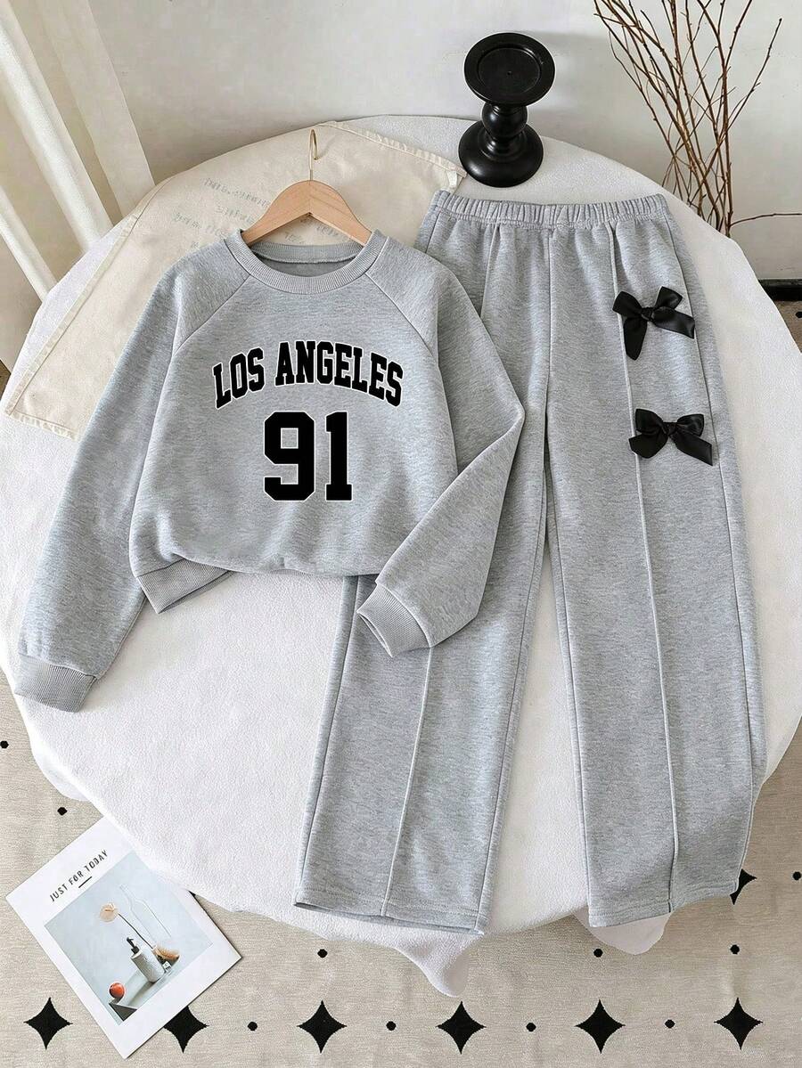 Tween Girl Letter & Number Print Crew Neck Sweatshirt And Bow Decor Long Pants - Grey - View 1