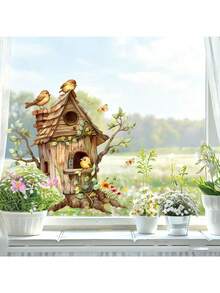 Watercolor Healing Fairy Tale Forest Treehouse Static Window Sticker, Cute Birds, Colorful Butterflies, Wildflowers, Green Vines, Cozy Natural Home Bedroom Window Decorative Decal - Watercolor Healing Wonderland Forest - View 5