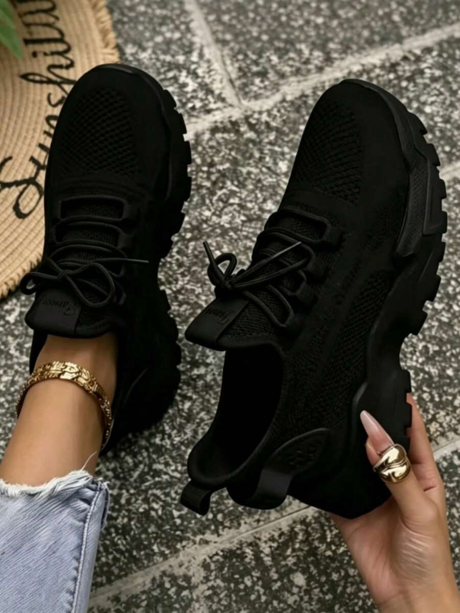 2026 Spring/Summer New Knitted Mesh Chunky Sneakers For Women, Thick Sole Casual Sports Shoes, Versatile White Sneakers, Ins Style - 黑色 - 查看 1
