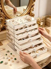 1pc Luxury Multi-Layer Acrylic Jewelry Storage Box With Dust-Proof Transparent Lid And Flocked Compartments, Home Vanity Organizer For Earrings, Rings, Necklaces And Accessories - Multicolor - View 3