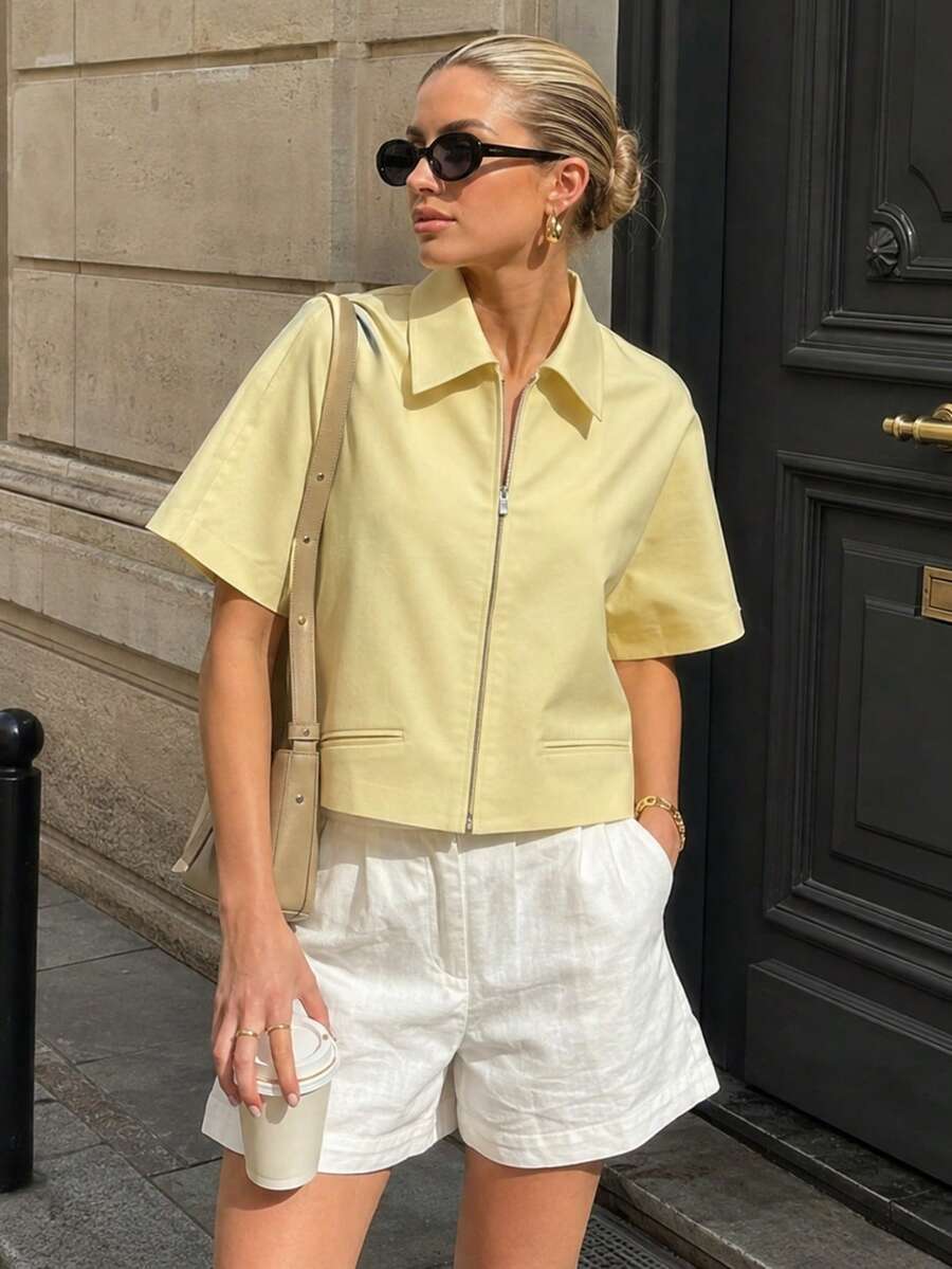 Women's Short Zip-Up Jacket Hoodie, Yellow Short Sleeve, Spring/Summer/Autumn - Yellow - View 1