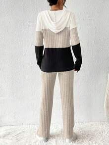 Plus Size Women's Hooded Drawstring Colorblock Ribbed Knit Top & Pants 2 Pieces Set, Autumn/Winter Fashion Knit Set - Apricot - View 4