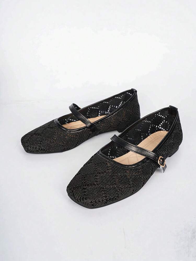 planare New Women's Popular Fashion Minimalist Elegant Solid Color Woven Breathable Mesh Design Slip-On Square Toe Adjustable Strap Buckle Comfortable Secure Flat Black Mary Jane Shoes Cute Shoes Comfortable Women's Shoes Lace Flat Shoes Apartment Women's Apartment Black Flat Shoes Mary Jane Shoes Mules Elegant Women's Shoes - Black - View 10
