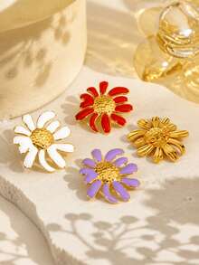 VceTd1PCS Fashion Vacation Style Colorful Enamel Daisy Decorated Stainless Steel Brooch, Suitable For Women To Wear On Vacation Or Party - Golden - View 4