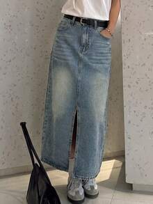 Women's Casual Vintage Washed Denim Skirt With Pockets And Buttons - Blue - View 7